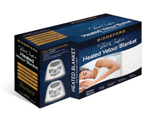 Biddeford Heated Blaket Package Design with Blue Star Background